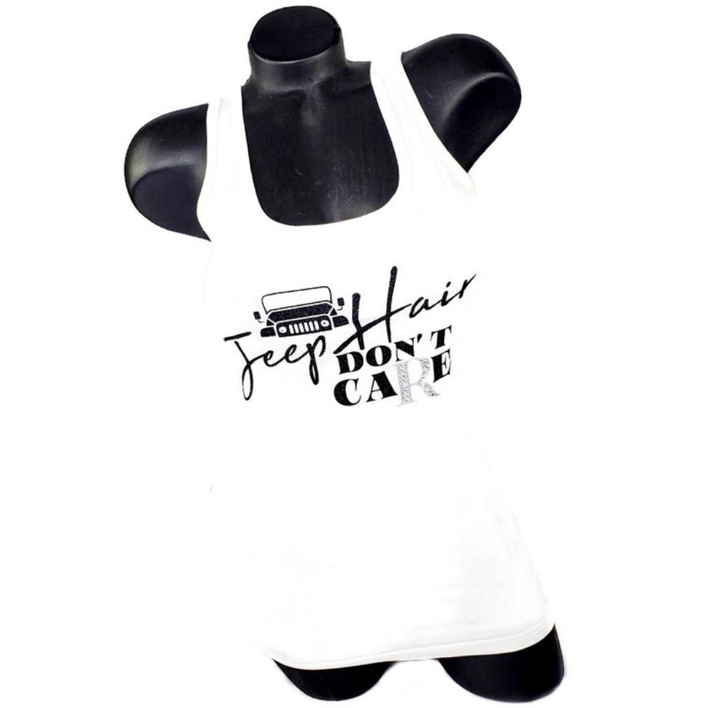 Jeep Hair Don't Care White Fitted Racerback Tank with Swarovski Crystals.